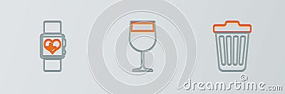 Set line Trash can, Smart watch heart beat rate and Wine glass icon. Vector Vector Illustration