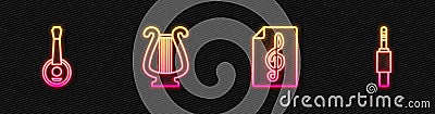 Set line Treble clef, Banjo, Ancient lyre and Audio jack. Glowing neon icon. Vector Stock Photo