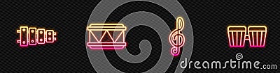 Set line Treble clef, Xylophone, Drum and . Glowing neon icon. Vector Vector Illustration