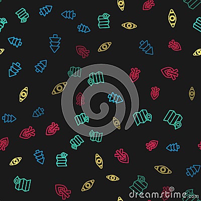 Set line Tree, Location of the forest on map, Kayak canoe and Campfire on seamless pattern. Vector Stock Photo