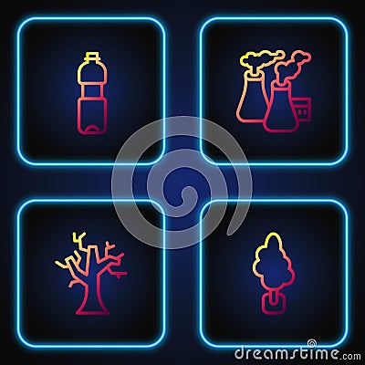 Set line Tree, Withered tree, Bottle of water and Smoke from factory. Gradient color icons. Vector Vector Illustration