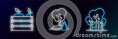 Set line Trees, Wooden box for fruits and vegetables and Watering icon. Glowing neon. Vector Vector Illustration