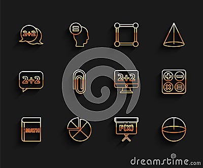 Set line Triangle math, Abacus, Geometric figure Cone, Cube, Calculator, Book with word mathematics, Square root and Vector Illustration