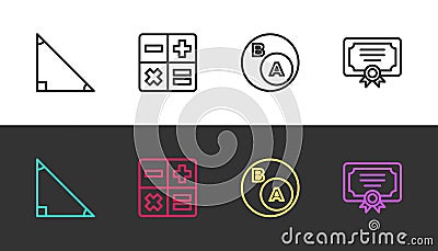 Set line Triangle math, Calculator, Subsets, is subset of b and Certificate template on black and white. Vector Vector Illustration