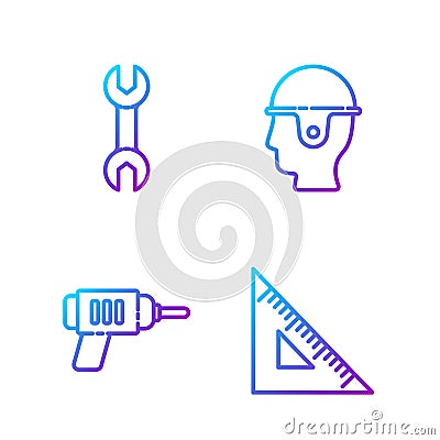 Set line Triangular ruler, Electric drill machine, Wrench spanner and Worker safety helmet. Gradient color icons. Vector Vector Illustration