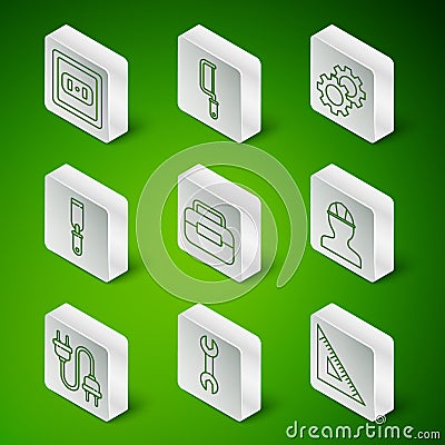 Set line Triangular ruler, Wrench spanner, Electrical outlet, Toolbox, Rasp metal file, Hacksaw, plug and Worker safety Vector Illustration