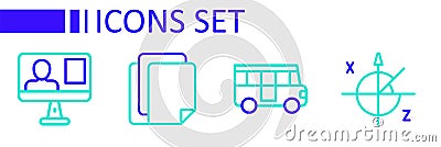 Set line Trigonometric circle, School Bus, File document and Online class icon. Vector Stock Photo