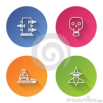 Set line Trunk for magic tricks, Skull, Witch cauldron and stone and Wizard warlock. Color circle button. Vector Vector Illustration