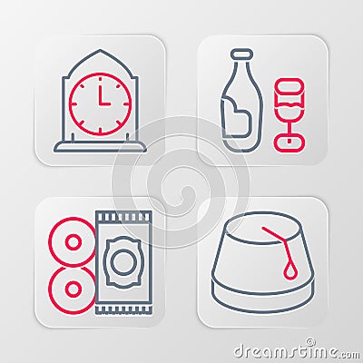 Set line Turkish hat, Traditional carpet, Wine bottle with glass and Clock icon. Vector Vector Illustration
