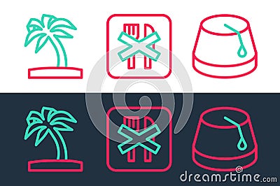 Set line Turkish hat, Tropical palm tree and Ramadan fasting icon. Vector Vector Illustration