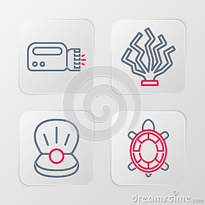 Set line Turtle, Pearl, Coral and Flashlight for diver icon. Vector Stock Photo