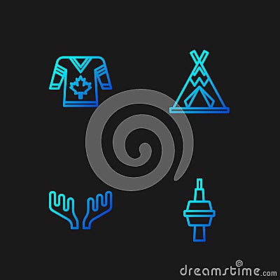 Set line TV CN Tower in Toronto, Deer antlers, Hockey jersey and Indian teepee wigwam. Gradient color icons. Vector Vector Illustration