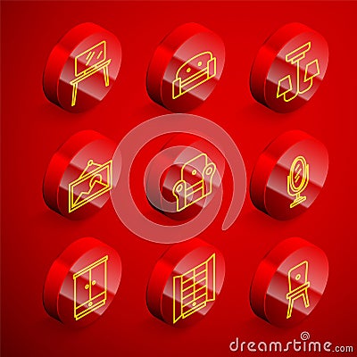 Set line TV table stand, Armchair, Chandelier, Picture, Mirror, Wardrobe and icon. Vector Stock Photo