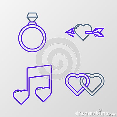 Set line Two Linked Hearts, Music note, tone with hearts, Amour and arrow and Diamond engagement ring icon. Vector Vector Illustration