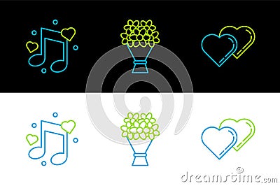 Set line Two Linked Hearts, Music note, tone with hearts and Bouquet of flowers icon. Vector Stock Photo
