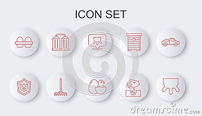 Set line Udder, Shield with pig, Seeds, Chicken egg in box, Granary, Garden rake and Little chick cracked icon. Vector Stock Photo