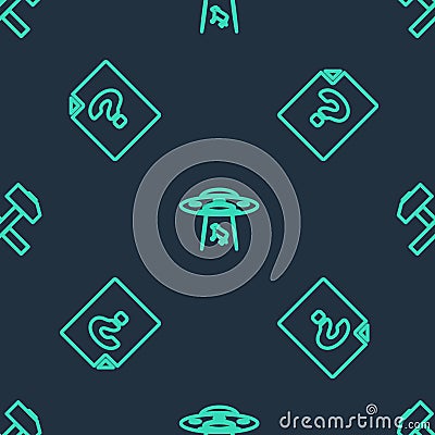 Set line UFO abducts cow, Unknown document and Two crossed hammers on seamless pattern. Vector Vector Illustration