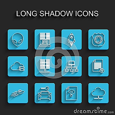 Set line UFO flying spaceship and alien, Car rental, Alien, Unknown document, Network cloud connection, Server, Data Vector Illustration