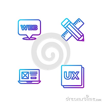 Set line UI or UX design, , Web and graphic and Crossed ruler pencil. Gradient color icons. Vector Stock Photo