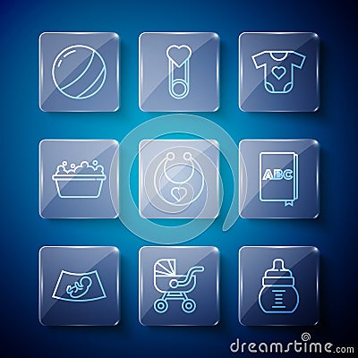 Set line Ultrasound of baby, Baby stroller, bottle, clothes, bib, bathtub, Beach ball and ABC book icon. Vector Stock Photo