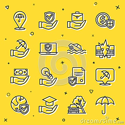 Set line Umbrella, Car accident, Hand holding briefcase, Insurance online, hand, and Flood car icon. Vector Vector Illustration