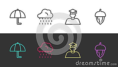 Set line Umbrella, Cloud with rain, Graduate and graduation cap and Acorn on black and white. Vector Vector Illustration