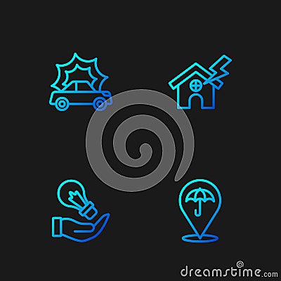 Set line Umbrella, Light bulb in hand, Car accident and House lightning. Gradient color icons. Vector Stock Photo