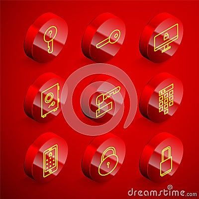 Set line Undefined key, Key, Lock on computer monitor, Safe, Marked, Password protection, Mobile and graphic password Vector Illustration