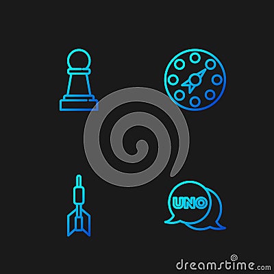 Set line Uno card game, Dart arrow, Chess and Twister. Gradient color icons. Vector Stock Photo