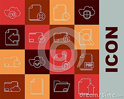 Set line Upload file document, PSD, Document with search, clock, folder and check mark, Next page arrow, Cloud download Vector Illustration