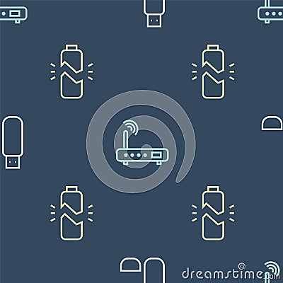 Set line USB flash drive, Broken battery and Router and wi-fi signal on seamless pattern. Vector Vector Illustration