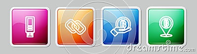 Set line USB flash drive, Chain link, Hand holding Bitcoin and . Colorful square button. Vector Vector Illustration