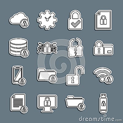 Set line USB flash drive with lock, Wifi locked, Credit card, Lock and check mark, Cyber security, Server, Cloud Vector Illustration
