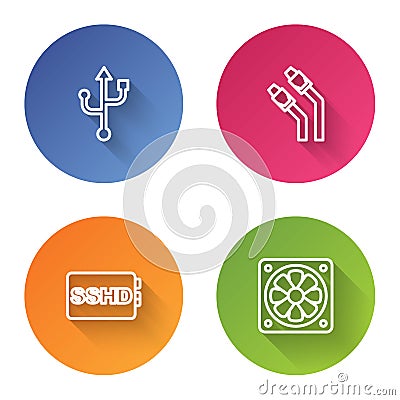 Set line USB, LAN cable network internet, SSHD card and Computer cooler. Color circle button. Vector Vector Illustration