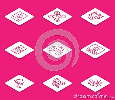 Set line User manual, Drone, Broken robot, Turn off from phone, Remote control, Robot, Waiter and icon. Vector Stock Photo