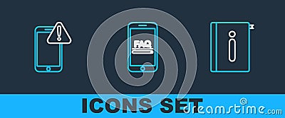 Set line User manual, Mobile with exclamation mark and FAQ information icon. Vector Vector Illustration