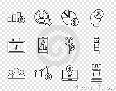 Set line Users group, Chess, Pie chart and dollar, Startup project concept, Light bulb with laptop and Lighthouse icon Stock Photo