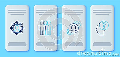 Set line Users group, Human with gear inside, Project team base and head question mark icon. Vector Vector Illustration