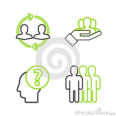 Set line Users group, Human head with question mark, Project team base and resources icon. Vector Stock Photo