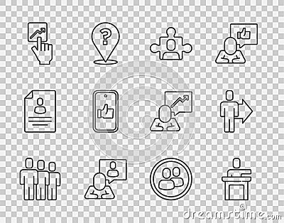 Set line Users group, Speaker, Project team base, Head hunting, Team leader, Hand like, and icon. Vector Stock Photo