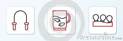 Set line Vacuum cans, Jump rope and Cup of tea and leaf icon. Vector Vector Illustration