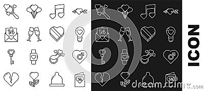 Set line Valentines day flyer with heart, Heart male gender, shape light bulb, Music note, tone hearts, Glass of Vector Illustration
