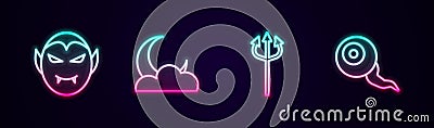 Set line Vampire, Moon and stars, Trident devil and Eye. Glowing neon icon. Vector Vector Illustration