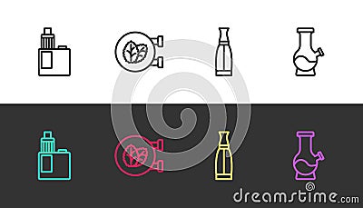 Set line Vape mod device, Tobacco leaf shop, liquid bottle and Bong on black and white. Vector Vector Illustration