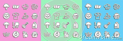 Set line Vegan food diet, Paper package for milk, Cooking pot and chicken leg, shirt, Heart rate, Broccoli and Bottle of Vector Illustration