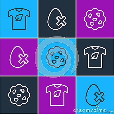 Set line Vegan shirt, Cookie or biscuit and No egg icon. Vector Stock Photo