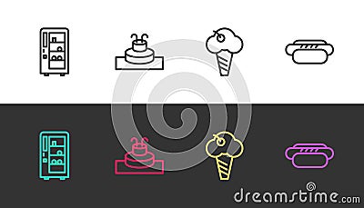 Set line Vending machine, Fountain, Ice cream waffle cone and Hotdog on black and white. Vector Vector Illustration