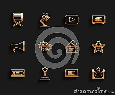 Set line VHS video cassette tape, Carpet barriers and star, Bang boom text speech bubble balloon, Hollywood walk of fame Vector Illustration