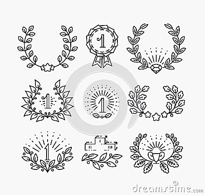 Set of line victory symbols and laurel wreaths. Vector Illustration