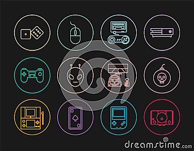 Set line Video game console, Bomb ready to explode, Game with joystick, Alien, Gamepad, dice, Racing simulator cockpit Stock Photo